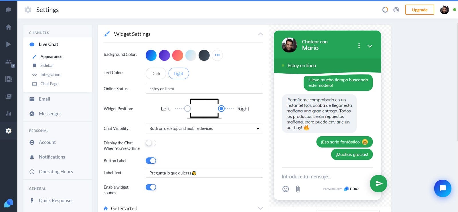 Pestaña Settings de Tidio (I) - Appearance