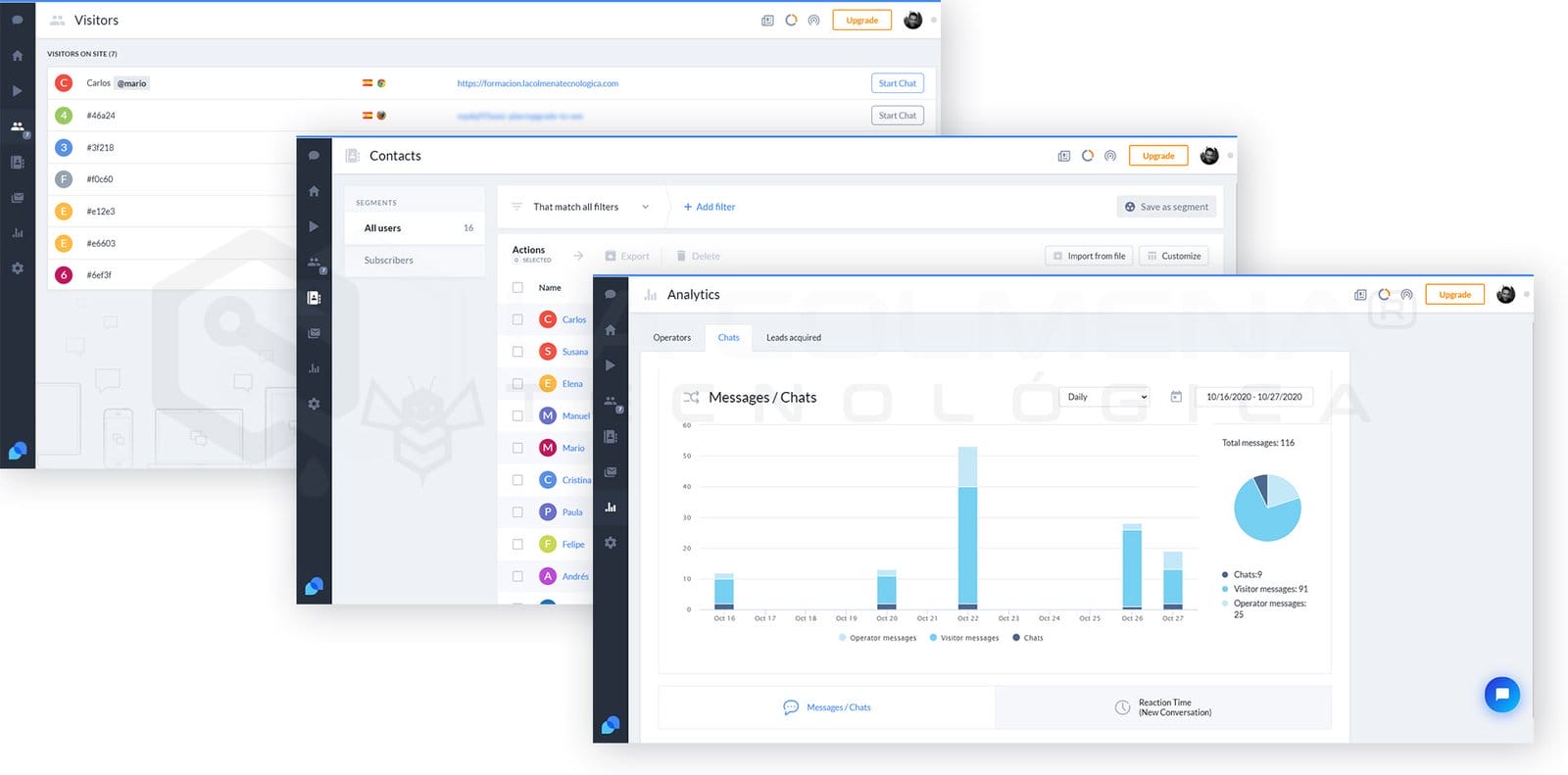 Pestaña Visitors, Contacts y Analytics