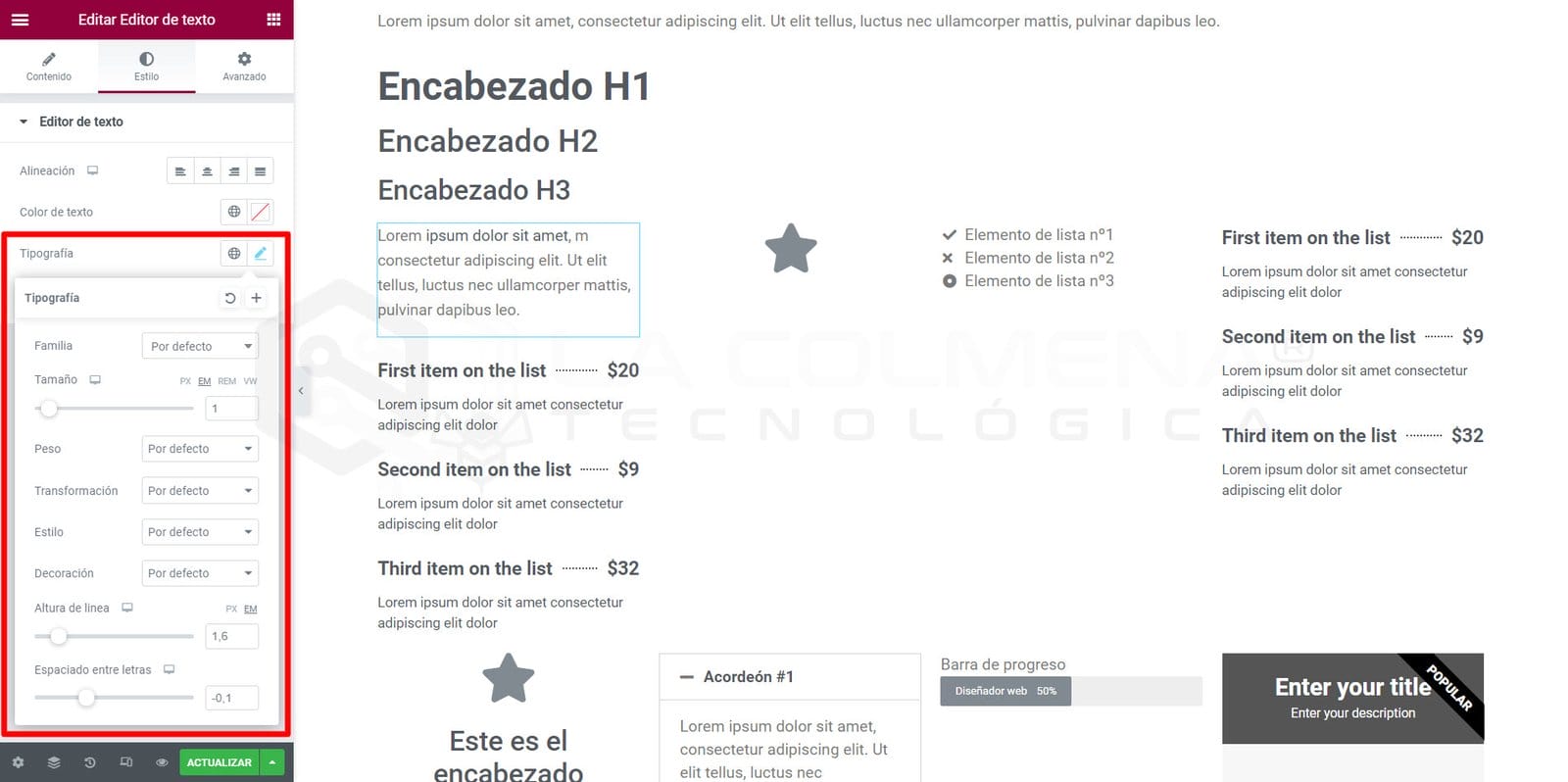 Caja de Tipografía de los widgets de Elementor