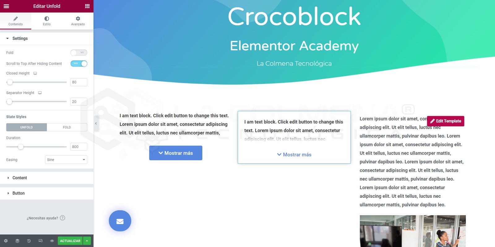 Widget Unfold de JetTricks