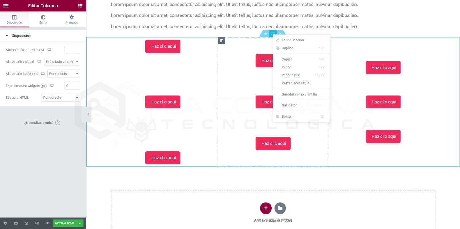 Secciones y columnas en Elementor