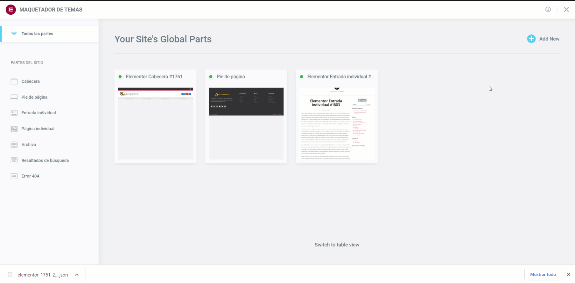 Import template from theme builder