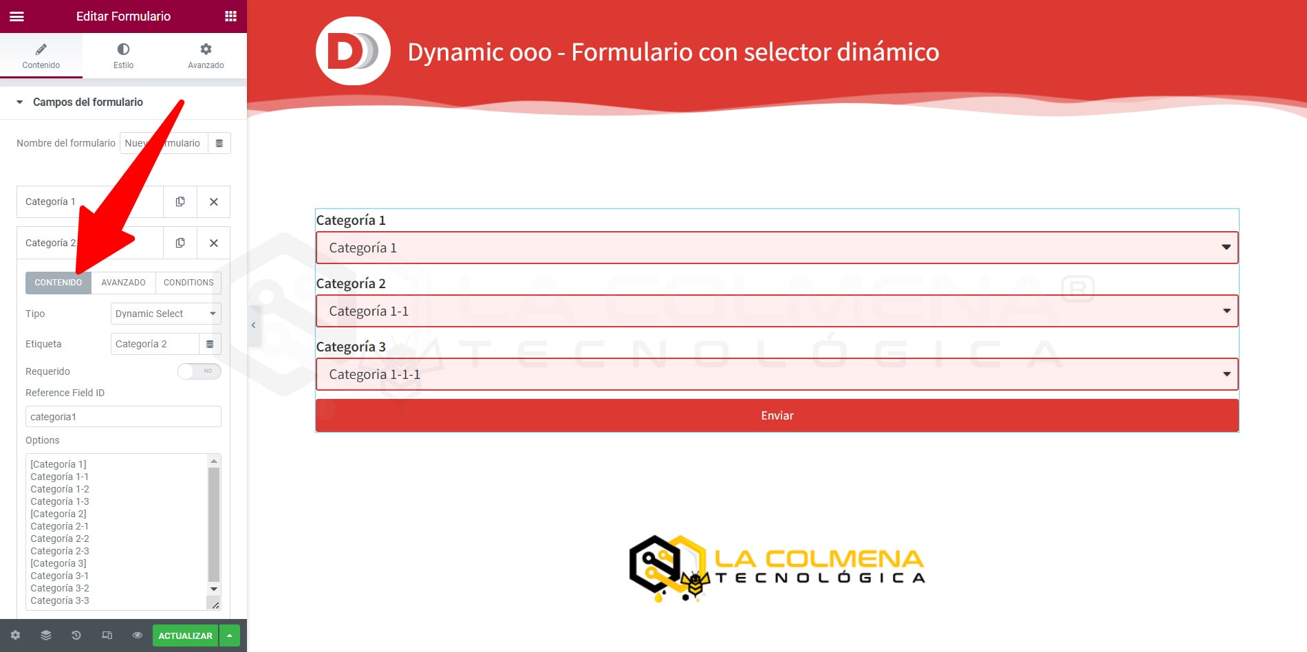 Form with dynamic selector that changes according to the value of another field with dynamic ooo